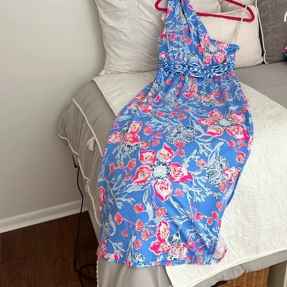 Lilly Pulitzer Helina One Shoulder Midi Blue Dress in Bahamian Rhapsody Swim, M. - Picture 3 of 14